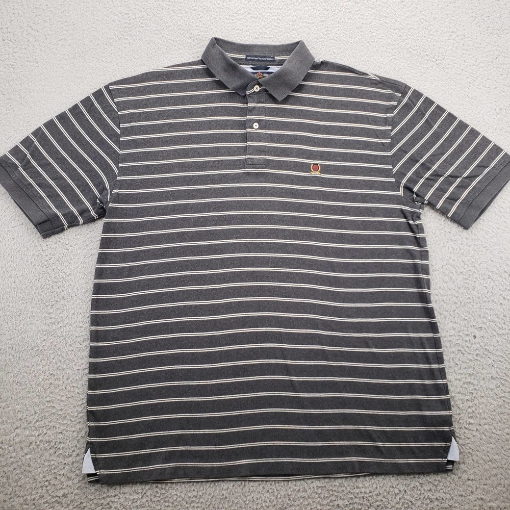 Tommy Hilfiger Shirt Mens‎ XL Gray Striped Mercerized Luxury Cotton Polo Golf